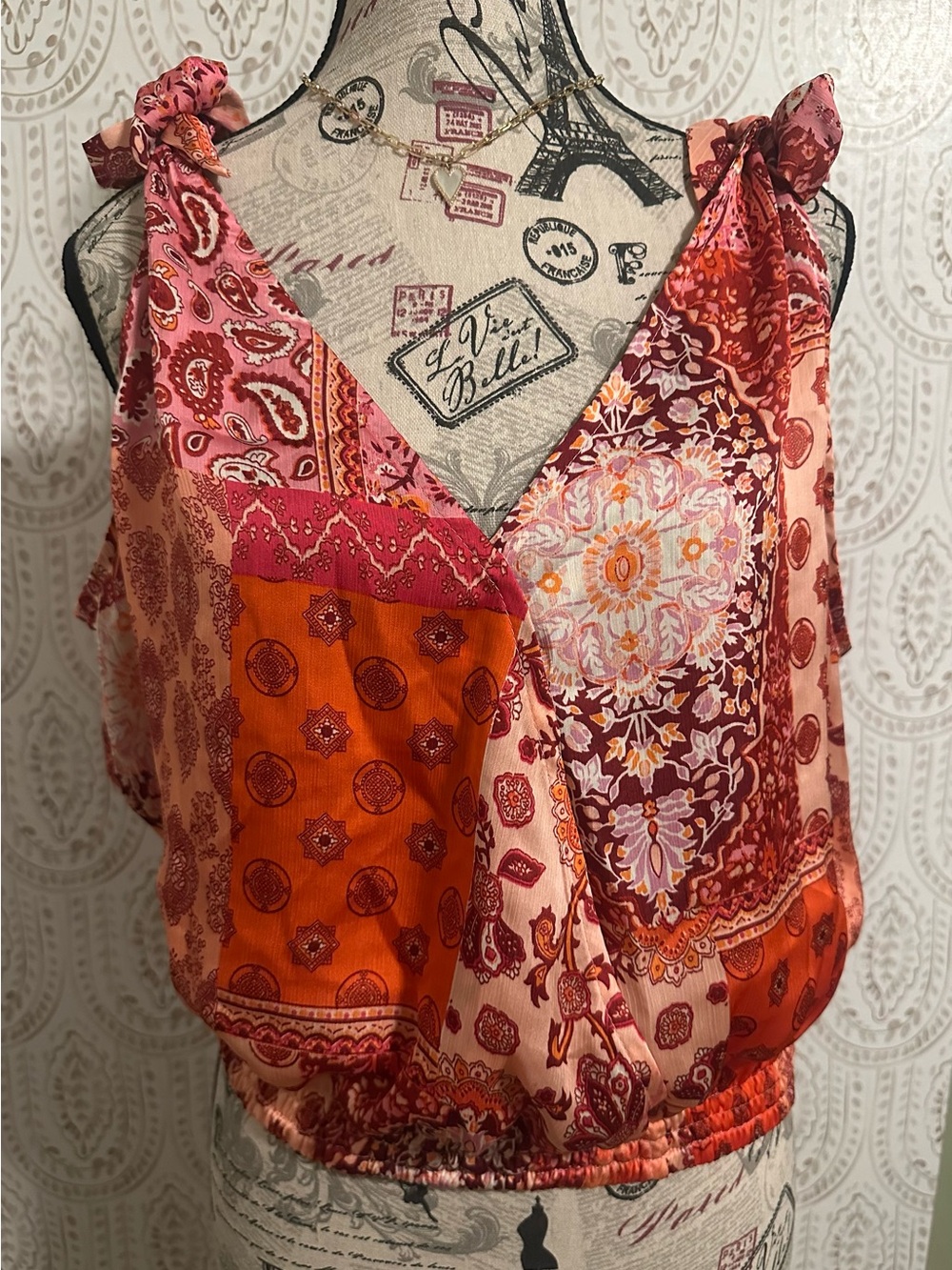easel Pink & Orange Patchwork Tie-Shoulder Camisole